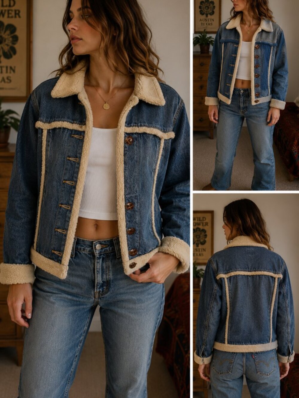 Vintage Anchor Blue Sherpa Lined Denim Jacket Women's Large Western Trucker Miss